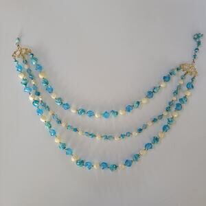 Vintage Blue and White Multi Strand Beaded Necklace with Gold Tone Clasp Jewelry